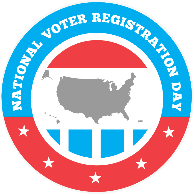 Red white and blue circular logo design with a picture of the USA in the middle. The top border reads National Voter Registration Day.
