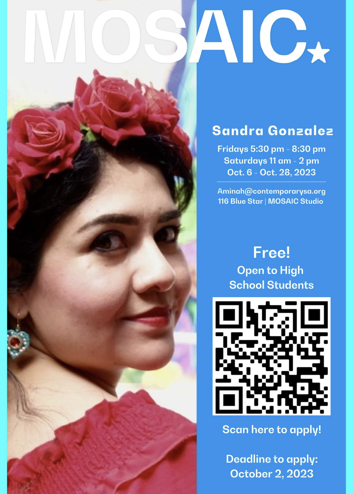 Poster promoting MOSAIC program with image of artist Sandra Gonzalez looking back over her right shoulder and QR code to link to application materials