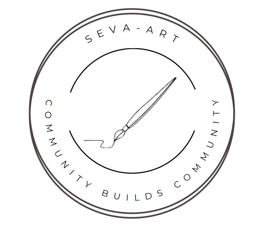Circular logo design with a paint brush in the middle encircled by words: Seva Art Community Builds Community