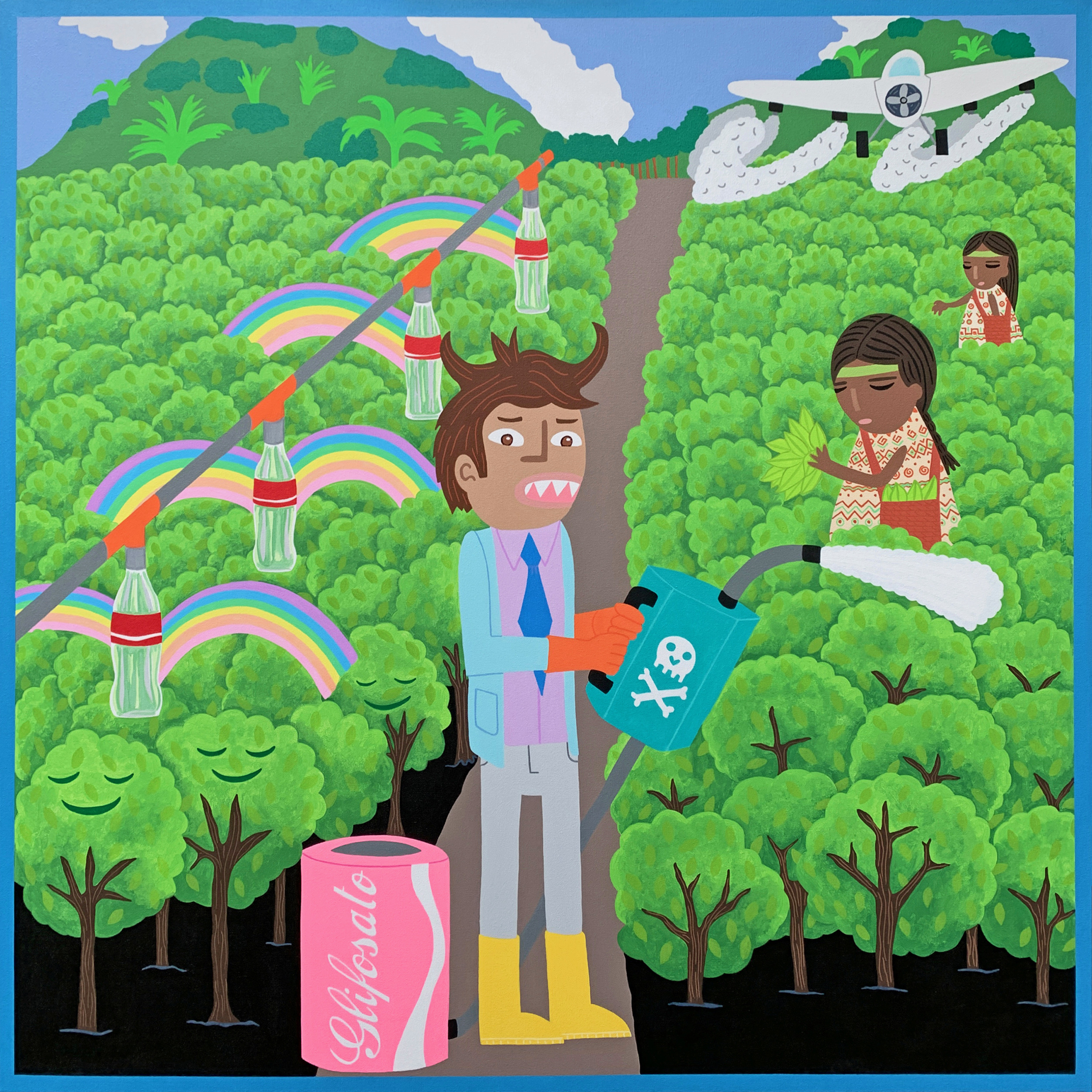 A bright green field of trees with a path down the middle and hills in the background. A cropdusting plane flies above a couple of female workers in the trees. Rainbows and a line of cooke bottles decorate the left side of the canvas. In the middle a man sprays a toxic chemical on the field.